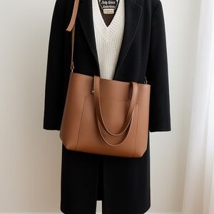 HENNY+LEV Tan Vegan Leather Tote Bag – Crossbody Strap, Dust Bag, Travel Purse